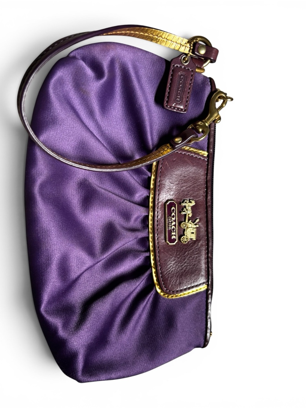 Coach Amanda Satin Purple Wristlet with Brown Leather and Gold Hardware - Picture 2 of 5